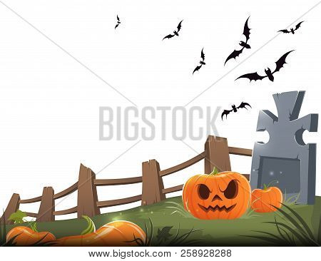 Sinister Carved Pumpkin With A Grave, Wooden Fence And Bats On A White Background. Vector Illustrati