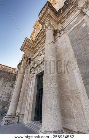 Beautifully Carved Pillars At The Entrance To The Saint Ignacious Church In Dubrovnik, Croatia.
