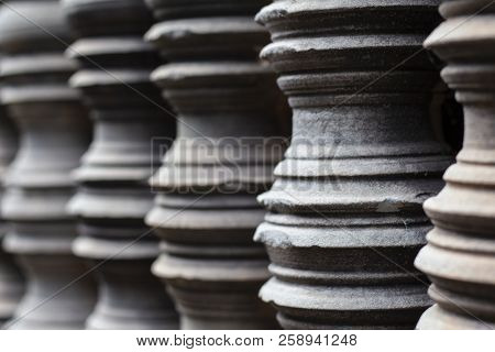 Stone Pillar Window Decor Of Ancient Temple In Angkor Wat Complex, Cambodia. Banteay Samre Architect