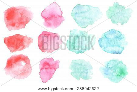 Watercolor Washout Blots In Pink And Blue Colors. Watercolour Blots Isolated On White Background. Co
