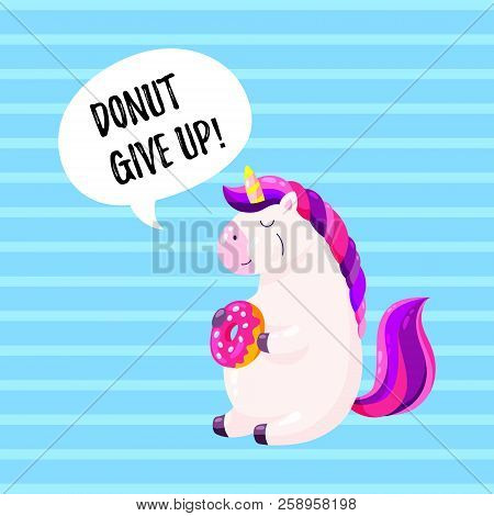 Cute Cartoon Vector Unicorn With Donut. Template For Postcard, Design For T-shirt