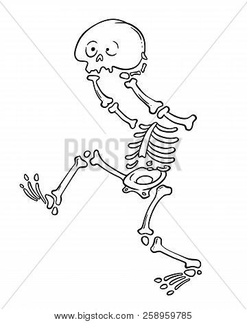Cartoon Character. Funny Headless Skeleton With Skull In His Hands. Colorind Page.