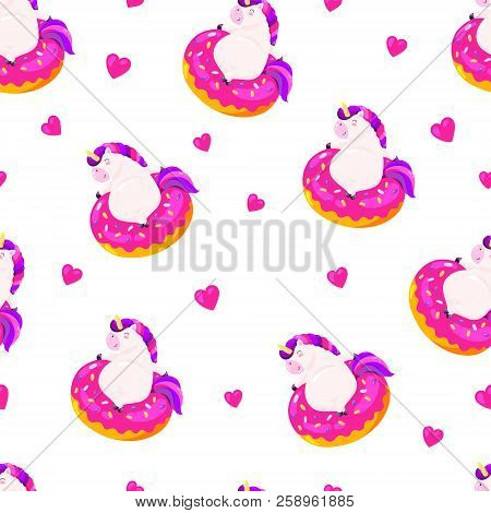 Seamless Vector Pattern, Background, Wallpaper With Funny Unicorns. Funny Unicorn Sitting In Inflata