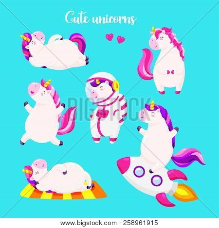 Set Of Funny Cartoon Magic Unicorns. Patch, Badge Sticker. Collection Of Icons, Pattern For Clothes,