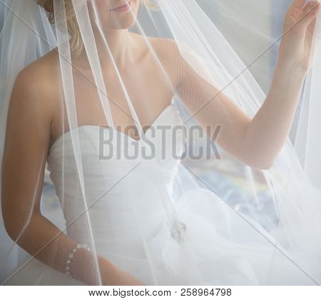 A Dreamy Soft Image Of A Bride Posing With Her Veil Prior To Her Wedding