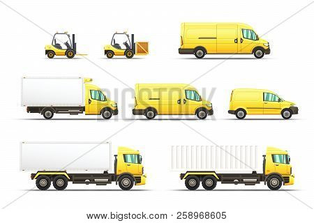 Set Of Delivery And Transportation Vehicles Illustrations.