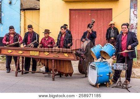 Parramos, Guatemala - December 28, 2016: Marimba Band Plays In Street In Village Near Spanish Coloni