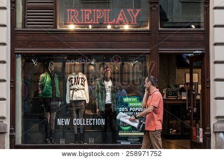 Belgrade, Serbia - September 2, 2018:  Replay Jeans Logo In Front Of Their Main Store In Belgrade. R