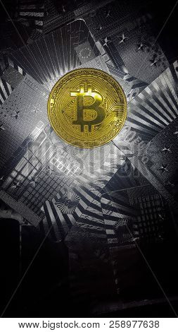 Bitcoin. Physical Bit Coin. Digital Currency. Cryptocurrency. Golden Coin With Bitcoin Symbol. Stock