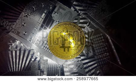 Bitcoin. Physical Bit Coin. Digital Currency. Cryptocurrency. Golden Coin With Bitcoin Symbol. Stock
