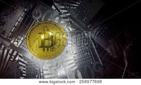 Bitcoin. Physical Bit Coin. Digital Currency. Cryptocurrency. Golden Coin With Bitcoin Symbol. Stock