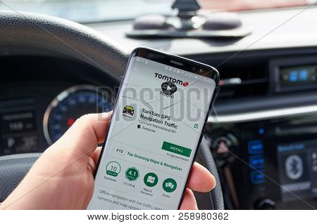Montreal, Canada - August 8, 2018: Tomtom Gps Navigation Traffic Application On A Cell Phone Screen 