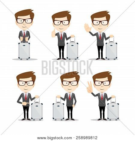 Set Of Businessman In Different Poses With A Suitcase . Full Length, Front View Against White Backgr