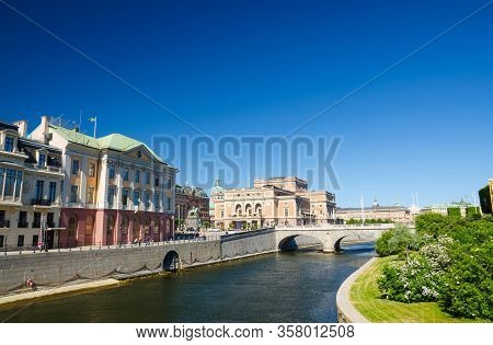 Sweden, Stockholm, May 31, 2018: Royal Swedish Opera House Kungliga Operan Building Across The Bridg