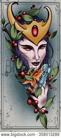 Illustration Art Of Loki God Of Lies In Female Denouncing. Neotraditional Tattoo Design