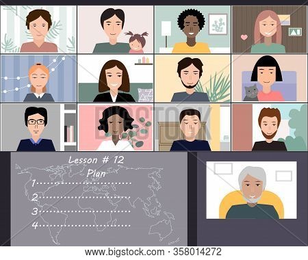 Online Lesson Students And The Teacher. Coronavirus Quarantine Distance Education Concept. Stay At H