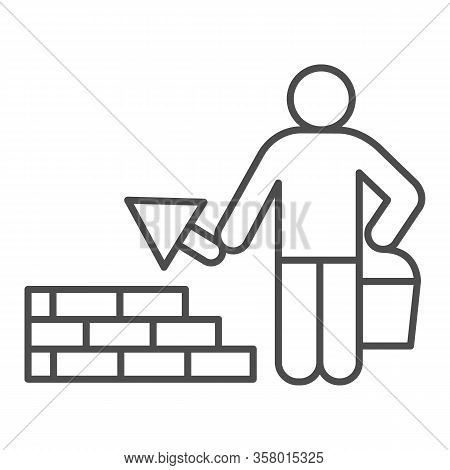 Builder With Trowel Thin Line Icon. Worker Man Build Brick Masonry Wall Symbol, Outline Style Pictog