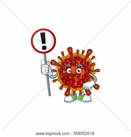 Smiling Cartoon Design Of Deadly Coronvirus With A Sign