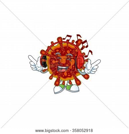 Cartoon Mascot Design Of Deadly Coronvirus Enjoying Music