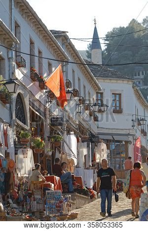 Gjirokaster, Albania - September 29, 2019: People Enjoying The Peaceful Atmosphere In Quarters Of Ol