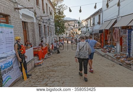 Gjirokaster, Albania - September 29, 2019: People Enjoying The Peaceful Atmosphere In Quarters Of Ol