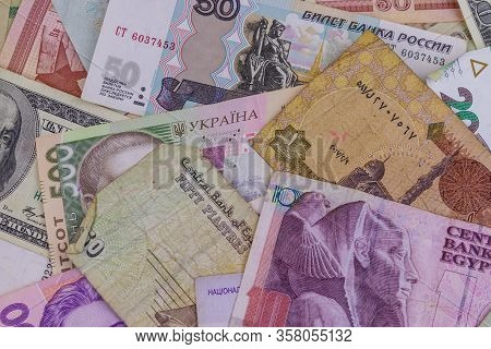 Multicurrency Background Of Us Dollars, Russian Rubles, Belarusian Rubles, Egyptian Pounds And Ukrai
