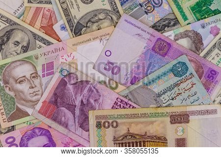 Multicurrency Background Of Us Dollars, Russian Rubles, Belarusian Rubles, Egyptian Pounds And Ukrai