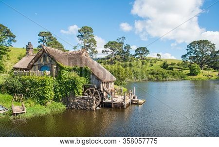 Matamata, New Zealand - December 09 2017 : The Scenery View Of Hobbiton Mill At The Hobbiton Movie S