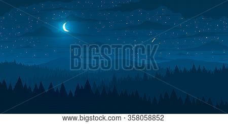 Vector Background. Fir Forest In Hilly Mountains With Meadows At Night.