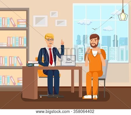 Advocate Works In Office Flat Vector Illustration. Cartoon Legal Consultant Advising Client On Case.