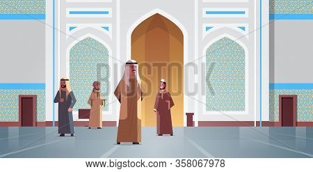 Arab Men Coming To Nabawi Mosque Building Muslim Religion Concept Arabic People In Traditional Cloth