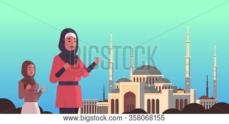Arab Women Coming To Nabawi Mosque Building Ramadan Kareem Holy Month Religion Concept Arabic Prayer