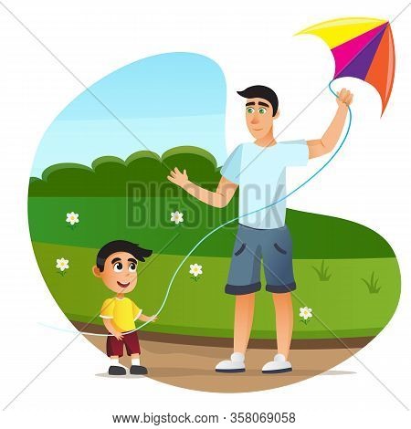 Cartoon Father And Son Launch Colorful Flying Kyte Vector Illustration. Man Boy Play On Green Grass 