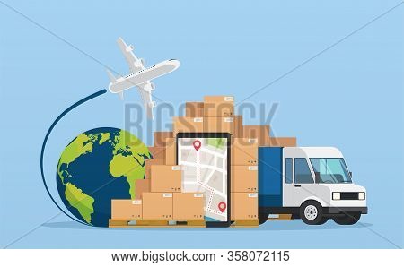 Online Service Postal Logistic Service Or Courier Delivery Concept. Truck With Warehouse Packages Pa