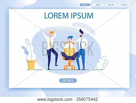 Colleagues, Collecting Around Young Employee, Sitting In Office Armchair With Laptop. Searching For 