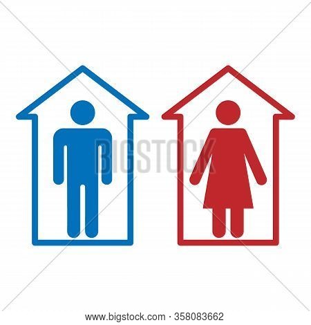 House Isolation People Icon. Symbol Man And Woman Are Self-insulated. Separate Private Home. Protect