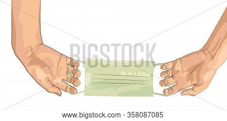 Hands Holding Medical Face Mask. Vector Illustration.