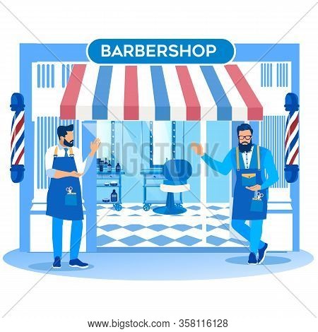 Couple Of Barbers Barkers Stand In Front Of New Barbershop Entrance Inviting Pedestrians Come In For
