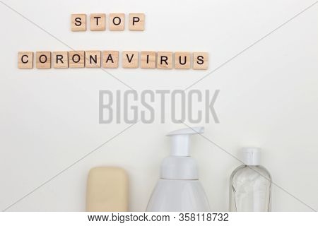 Bottle Of Antibacterial Soap And Bottle Antibacterial Gel For Hands, Bar Of Soap, Madical Mask. Flat