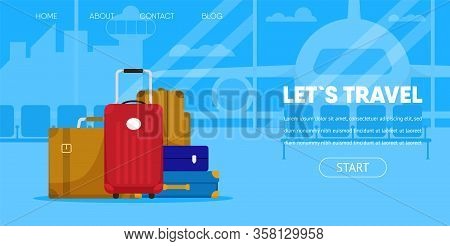Lets Travel Concept. Suitcase Bag Tourist Baggage Passenger Lugagge In Airport Terminal Window Airpl