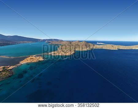 Aerial View Of A Pleasure Boat With Tourists. Elounda, Crete, Greece