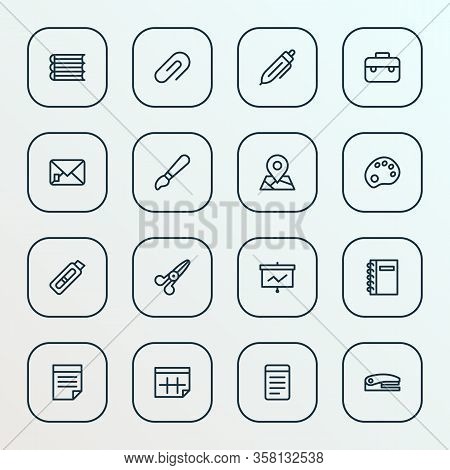 Instrument Icons Line Style Set With Palette, Books, Case And Other Suitcase Elements. Isolated Vect