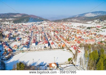Croatia, Drone Aerial View Of Beautiful Mountain Town Of Delnice In Gorski Kotar In Winter