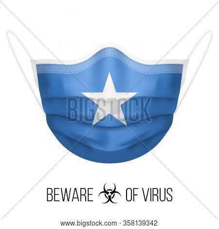 Medical Mask With National Flag Of Somalia As Icon On White. Protective Mask Virus And Flu. Surgery 