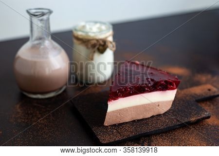 Diet Layered Dessert Blancmange Made From Soy Milk, Carob And Fruit Jelly With Cherry And Black Curr