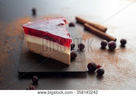 Diet Layered Dessert Blancmange Made From Soy Milk, Carob And Fruit Jelly With Cherry And Black Curr