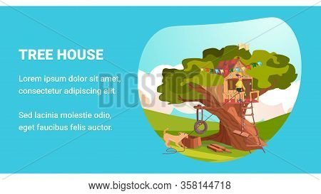 Treehouse Banner. Cartoon Boy And Pet Dog Build House On Tree Vector Illustration. Game Playhouse In