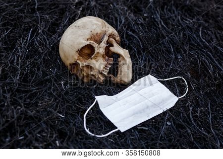 A Human Skull On A Black Background Of Burnt Grass With Red Capsules Of Medical Drugs. A Symbol Of H