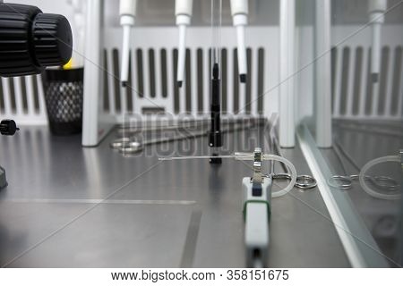 The Equipment In The Laboratory Of The Clinic Of In Vitro Fertilization Ivf. Microscope, Tubes, Nitr