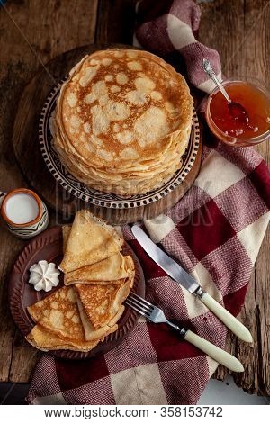 A Stack Of Thin Pancakes On A Plate. Homemade Pastries. Pancakes For Breakfast. Appetizing Food. Thi